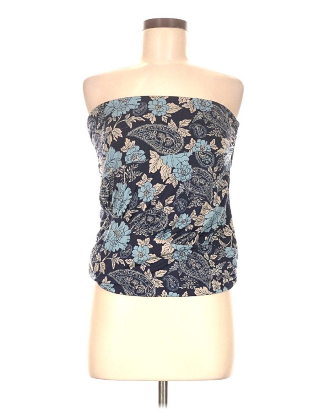 Free People Ruched Bandeau Tube Top In Blue Floral Paisley - Size Medium